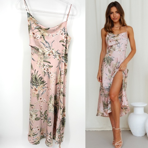 Hello Molly Dresses & Skirts - Hello Molly Heart In The Sun Midi Dress Size Medium Pink Floral Satin Slip Dress
